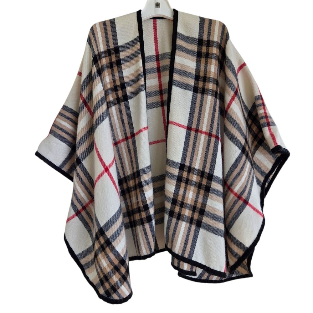 Charter Club Tan Exploded Plaid Poncho Cape One Size SOFT Brown Black Cream - Picture 2 of 14